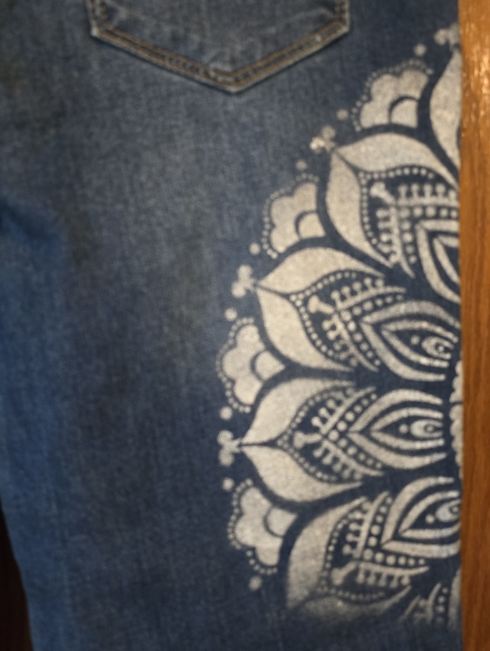 HANDCRAFTED Upcycled Denim Boho Skinny Jeans HANDPAINTED Mandala Hamsa Size 11 - Picture 12 of 14
